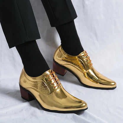 New 2025 Luxury Gold Men High Heel Leather Shoes Moccasins Designer Pointed Dress Shoes Men Wedding Formal Shoes Big Size 46