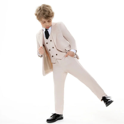 Kids Beige Gentleman Formal Suit Set New British Style Children's Christmas New Year Performance Party Wedding Costume
