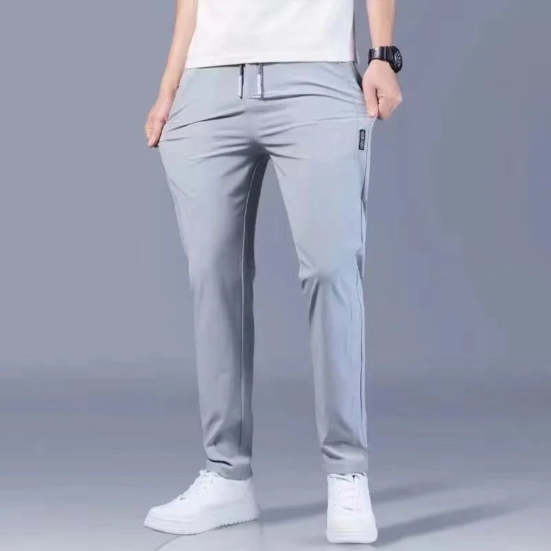 Ice Silk Men's Pants 2026 Summer New Black Gray Thin Business Casual Pants Outdoor Elastic Breathable Straight Leg Sweatpants