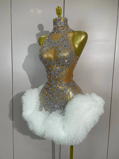 Mesh Sexy See Through Cocktail Mini Dress Women Eveing Luxury Birthday Party Singer Nightclub Show Stage Costume