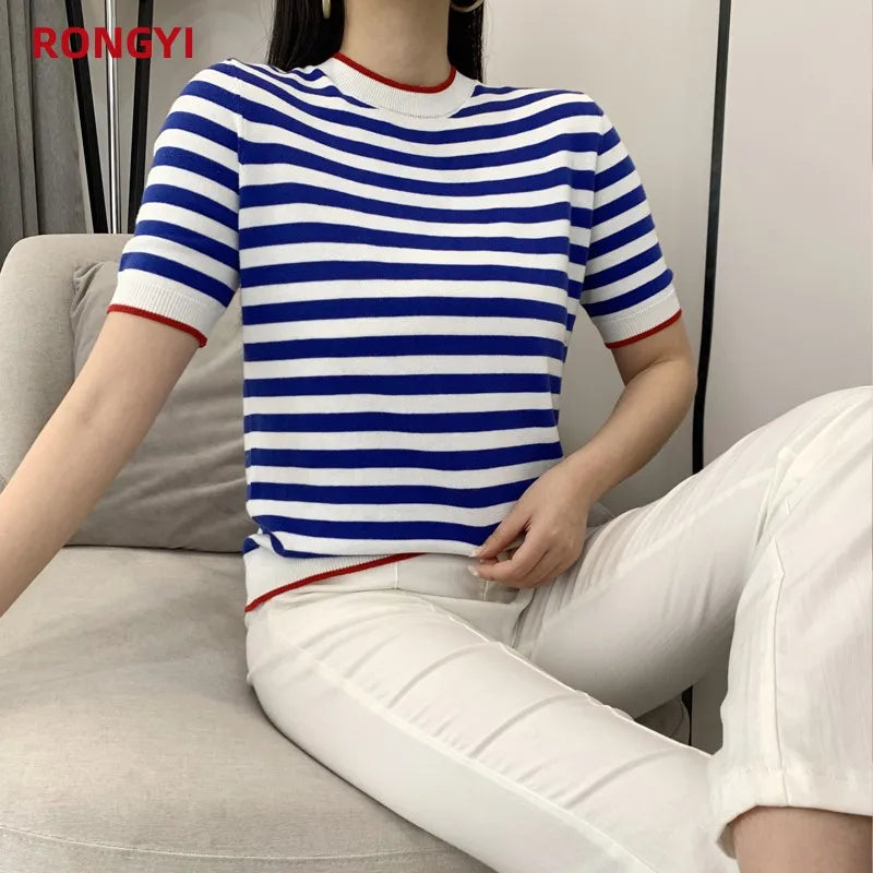 Summer Women's O-Neck Striped 100% Cotton Short Sleeve T-Shirt With Loose Pullover Casual Knit Top High Quality 5 Sizes