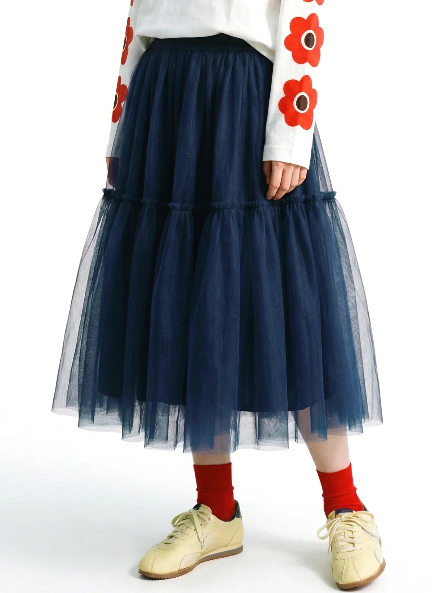 2026 Spring High Waist A-line Puff Half length Skirt Versatile Mid length Retro Blues Mesh Skirt 265398