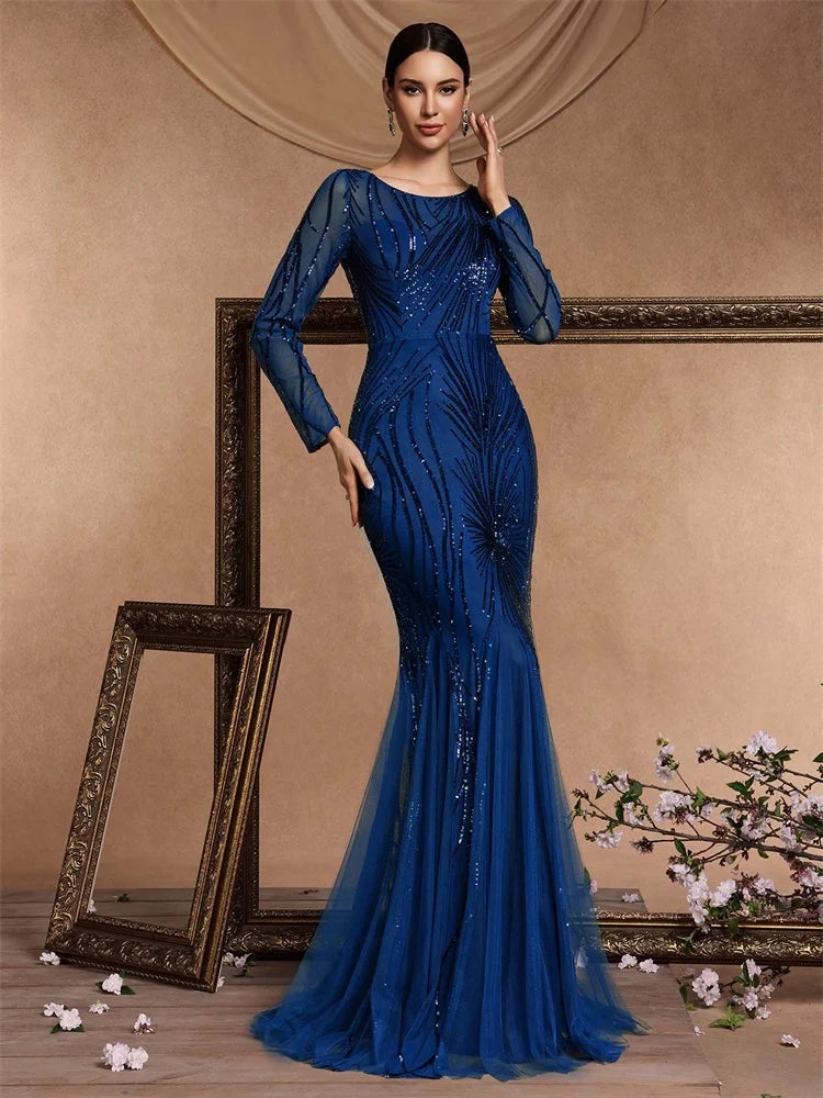 Elegant Long Sleeves Blue Sequins Evening Dresses 2025 Women Mermaid Formal Party Maxi Prom Dress Cocktail Graduation Gowns