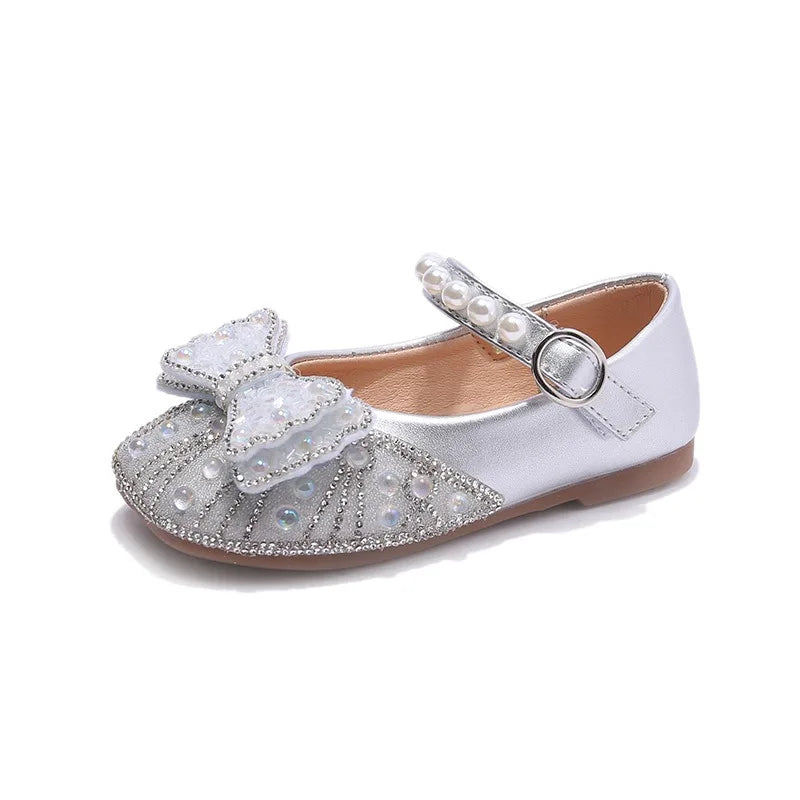 Size 23-34 Silver Bow Cute Princess Flat Shoes for Teenage Girls Casual Low Vamp Student Performance Dance Shoes