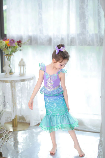 Ariel Cosplay Princess Costume Kids Cartoon Printed Dress Girls Halloween Children Carnival Birthday Party Clothes