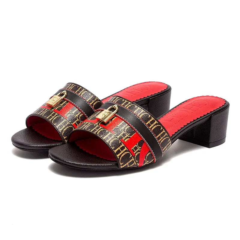 Woman Middle Heel Slippers Luxury Brand Women's Shoes Retro Design 2025 Summer New