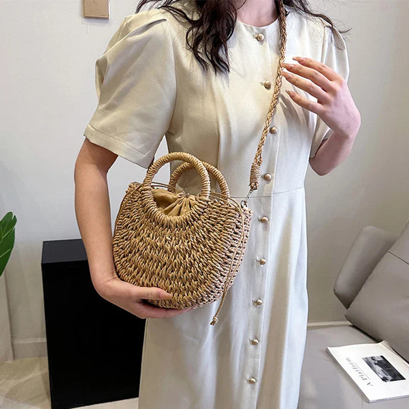 Handwoven Straw Rattan Half-Moon Beach Handbag Large Capacity Women Summer Hollow Out Crossbody Shoulder Bag