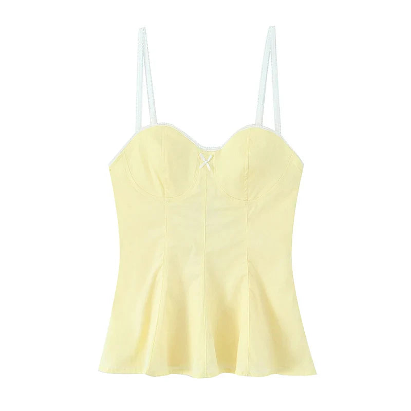 Women Fashion With Bow Striped Backless Side Zipper Tops Vintage Thin Straps V-Neck Female Chic Lady Camis