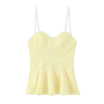 Women Fashion With Bow Striped Backless Side Zipper Tops Vintage Thin Straps V-Neck Female Chic Lady Camis