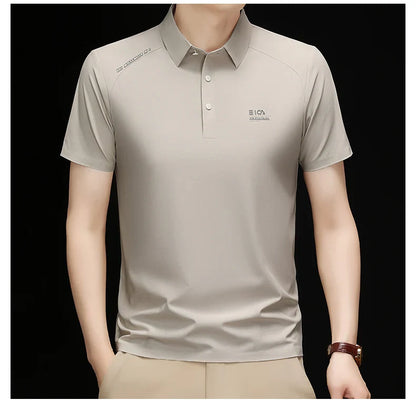 High quality ice silk short sleeve polo shirt cool breathable fashion brand letter printed summer casual men's lapel T-shirt