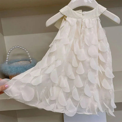 Summer New Pure White Sweet Hanging Neck Bow Petal Princess Dress Girls' Casual Clothes 2-7th Birthday Party Stage Wear