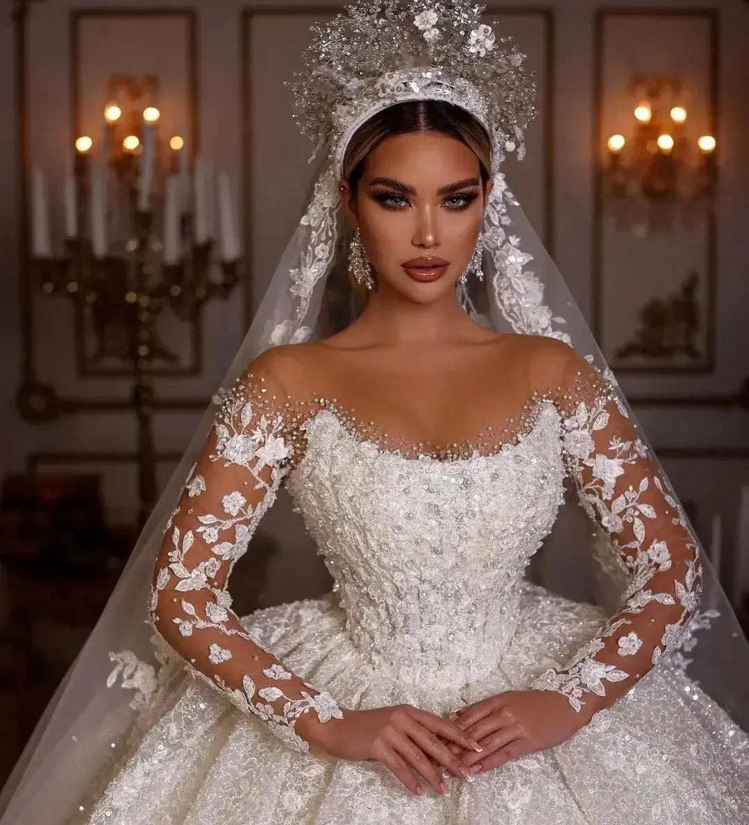 Customized Luxury Wedding Dresses Long Sleeves Sequins Beads Sheer Neck Appliques Glitter Tulle Bride Gowns Vestido