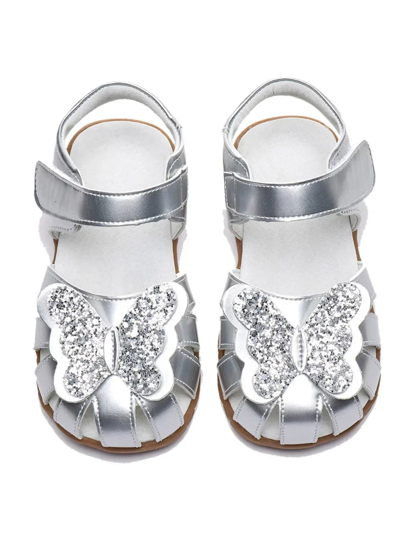 Leather sparkling butterfly Girls flat Sandals closed toe little kids girls summer shoes