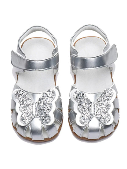 Leather sparkling butterfly Girls flat Sandals closed toe little kids girls summer shoes
