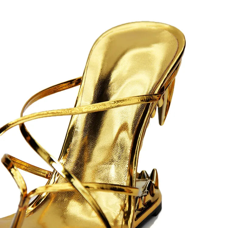 Big Gold Chain Peep Toe Tiger Teeth Heel Sandals 2024 New Fashion Silvery Beach Party Outdoors Women's Slippers Size 35-43