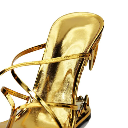 Big Gold Chain Peep Toe Tiger Teeth Heel Sandals 2024 New Fashion Silvery Beach Party Outdoors Women's Slippers Size 35-43
