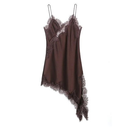 Women Sexy Irregular Lace Dress Fashion V Neck Hem Suspender Long Dresses 2025 New Fashion Party Vestidos
