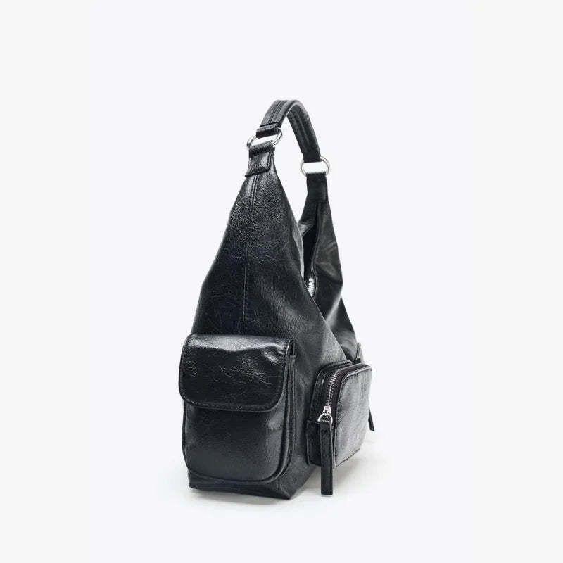 WOMEN'S CRACKLED EFFECT POCKET BAG, New Luxury Designer Punk Style Shoulder Hobo Bag, Multiple pockets Motorcycle Bag for Women