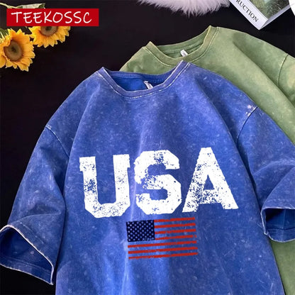 Usa Letter American Flag Printed Washed T-Shirt Men Summer Cotton T Shirts O-Neck Loose Clothes Colour Unisex Short Sleeve
