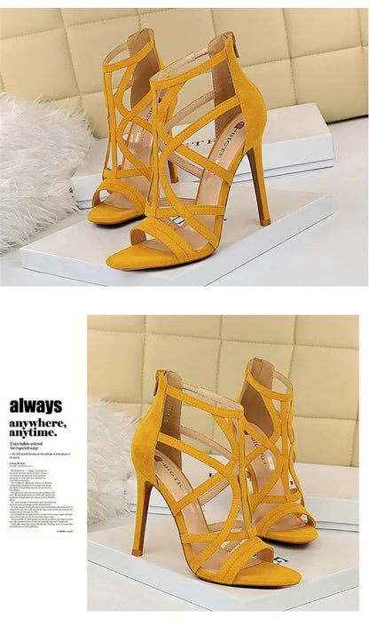 Women Roman Style Thin High Heels Pumps Pointed Toe Suede Hollow Strap Party Shoes Solid Ankle Zip Summer Sandals