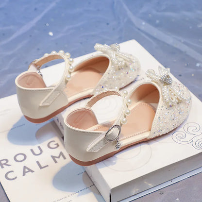 2026 Girls' Princess Shoes Spring And Summer Sandals White Flat Dress Shoes Pearl Decoration For Kids And Teens