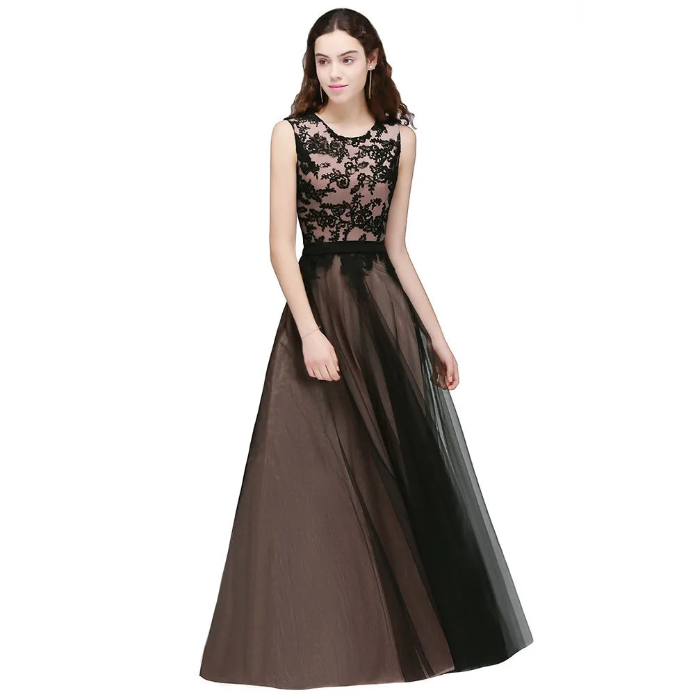 Elegant Black Lace Red Evening Dresses Long Appliques Chiffon With Sashes Pink Green Burgundy Formal Prom Gown Vestido de Fiesta