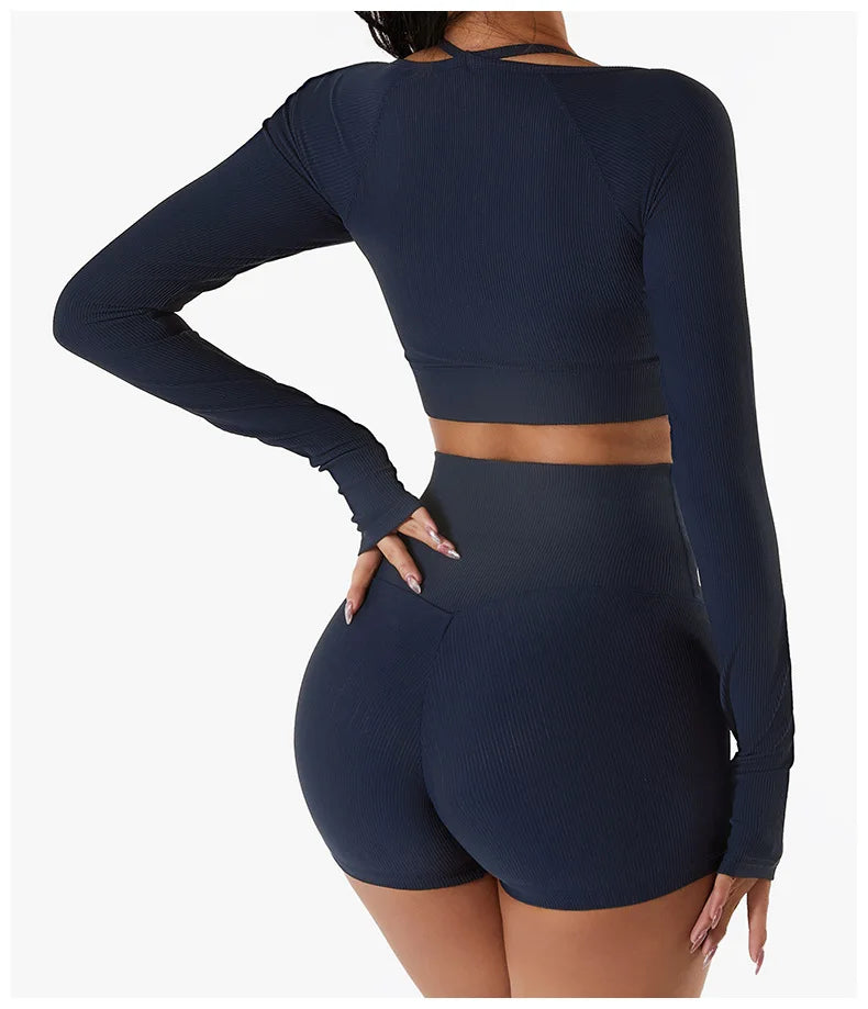 Women Yoga Set Gym Clothing Tracksuit Long Sleeve Crop Top One Shoulder Bra High Waist Seamless Leggings Fitness Sports Suits