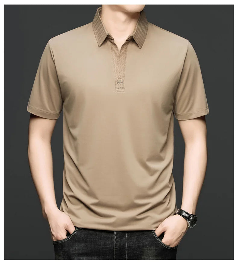 Fashion V-neck short sleeve T-shirt men's summer solid color silky smooth breathable personalized jacquard buttonless polo shirt
