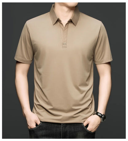 Fashion V-neck short sleeve T-shirt men's summer solid color silky smooth breathable personalized jacquard buttonless polo shirt