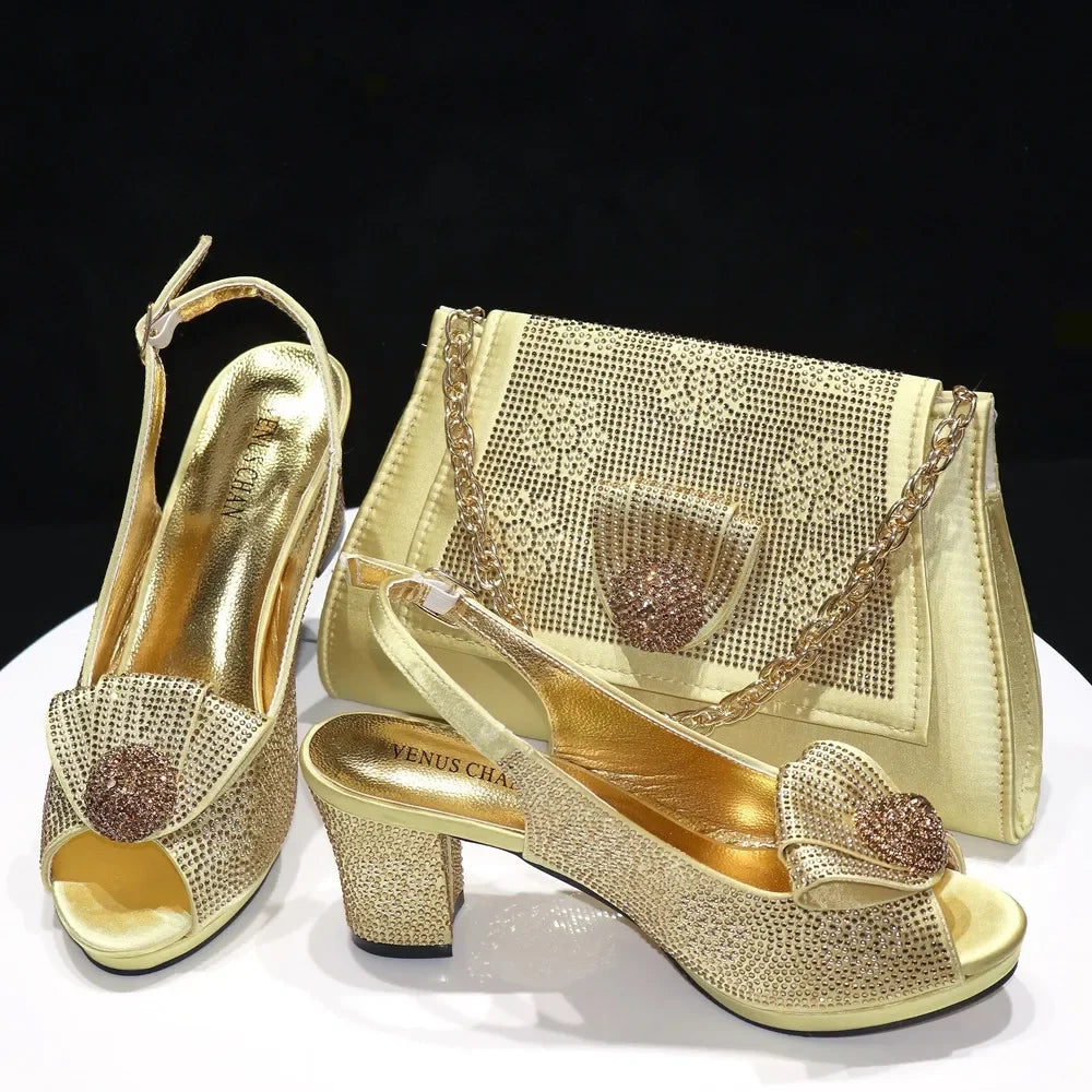 Italian Shoes And Bag Sets For Evening Party With Stones Italian Satin cloth  Rhinestone bow Handbags Match Bags