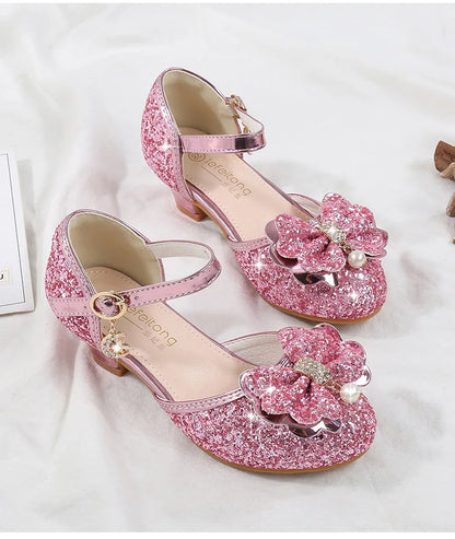 Children's Sandals for Party Wedding Elegant Bowknot Kids Girls Versatile Sequins High-heels Fashion Pearl Princess Single Shoes
