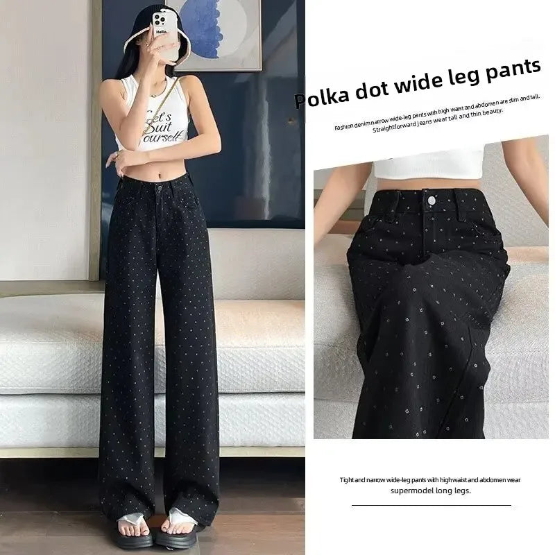 High Waist Wide Leg White Polka Dot Casual Denim Jeans