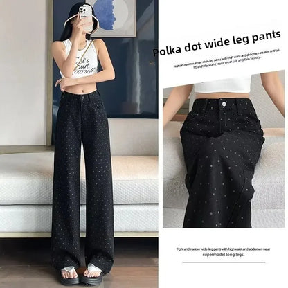 High Waist Wide Leg White Polka Dot Casual Denim Jeans