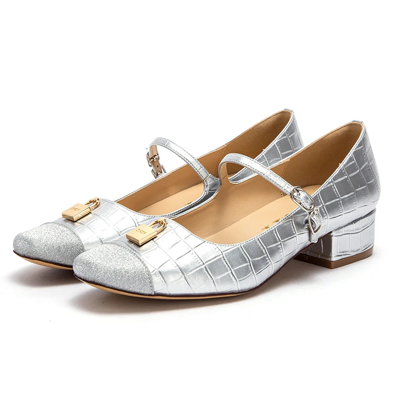 Women's High Heels New Low Heel Texture Mommy Casual Shoes Mary Jane Shoes