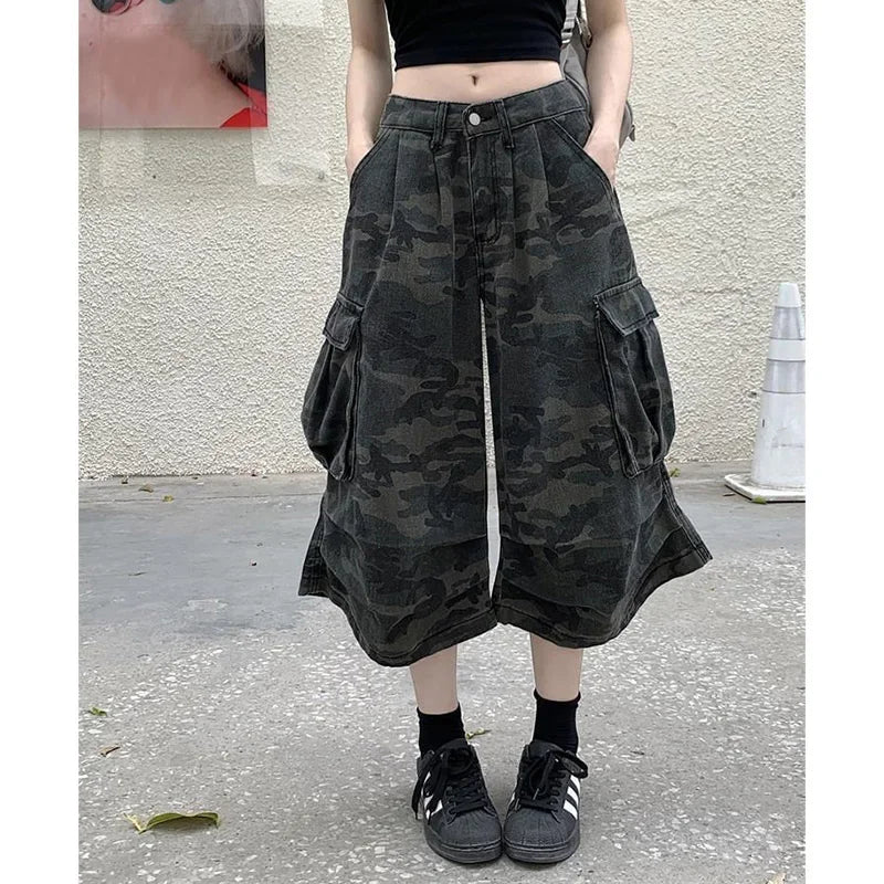 Vintage Baggy Cropped Jeans Pants Girls Fashion High Waist Denim Pants