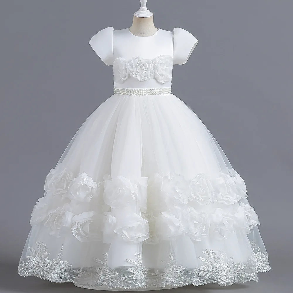 Summer Flower Bridemaids Party Girl Dresses Elegant Wedding Birthday Princess Prom Dress for Girls Bow Evening Christmas Costume