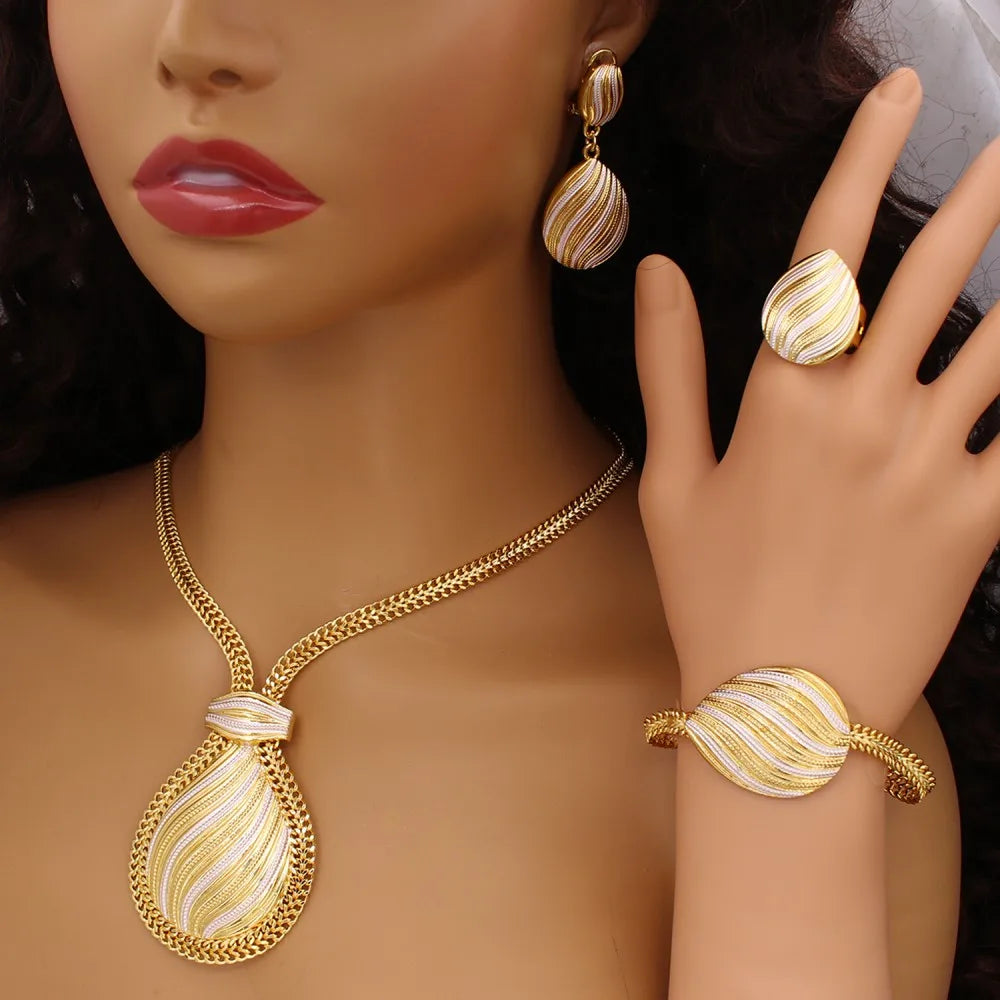 Two Tone Jewelry Set Gold Plated Big Pendant Necklace Bracelet Water Drop Earring Ring For Women Wedding Gifts 2025 New