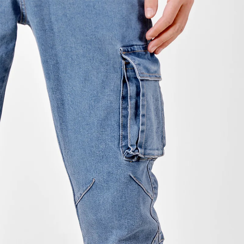 Men's Jeans Street Style Waist Denim Cargo Pants Solid Color Washed Slim Fit Casual Jeans with Multiple Pockets for Daily Wear