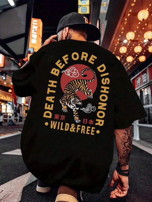 Tiger Letter Print Casual Commute 
 Mans Tshirt Fitting Breathable Tee Shirt Leisure Comfort Tee Clothing Round Neck Tops
