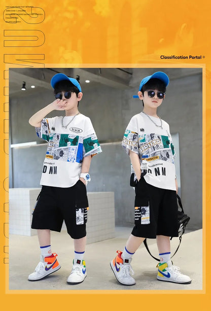 Summer Boys Cotton Alphabet Picture Printed T-Shirt Tops+Shorts Pant School Kids 2PCS Tracksuit Child Outfits Workout Set 3-16Yr