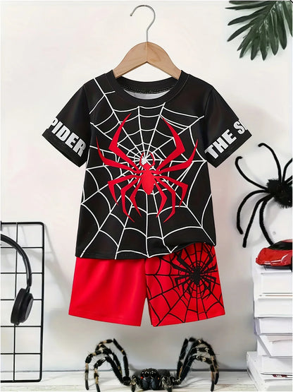 Trendy and Cool Spider Print Comfortable Versatile Casual Summer Boys' Round Neck Short Sleeve T-shirt and Shorts 2pcs Set for O