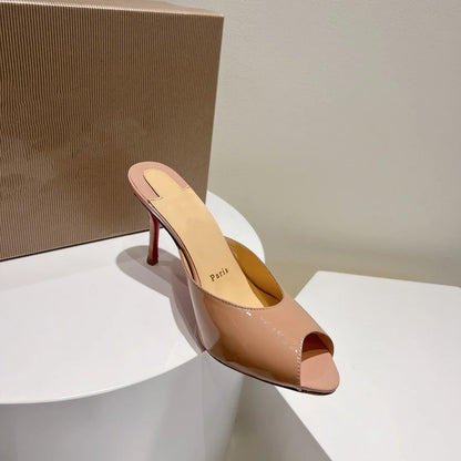New patent leather nude high heels stiletto round head open-toed fish mouth shoes sexy outer slippers women's muller shoes