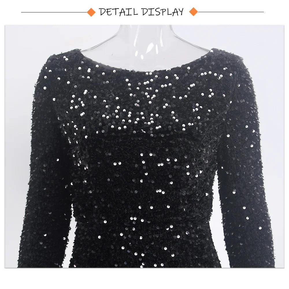 Romagic Women Modest Stretch Sequin O Neck Evening Prom Gown Party Long Dresses Full Sleeved Mermaid Formal Dinner Elegant Dress