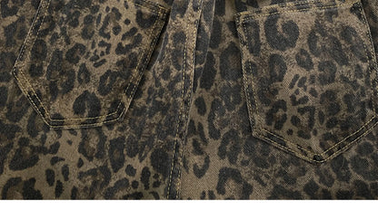 Men Leopard Denim Shorts Summer Thin American High Street Drawstring Casual Pants Loose Popular Versatile Handsome Trousers