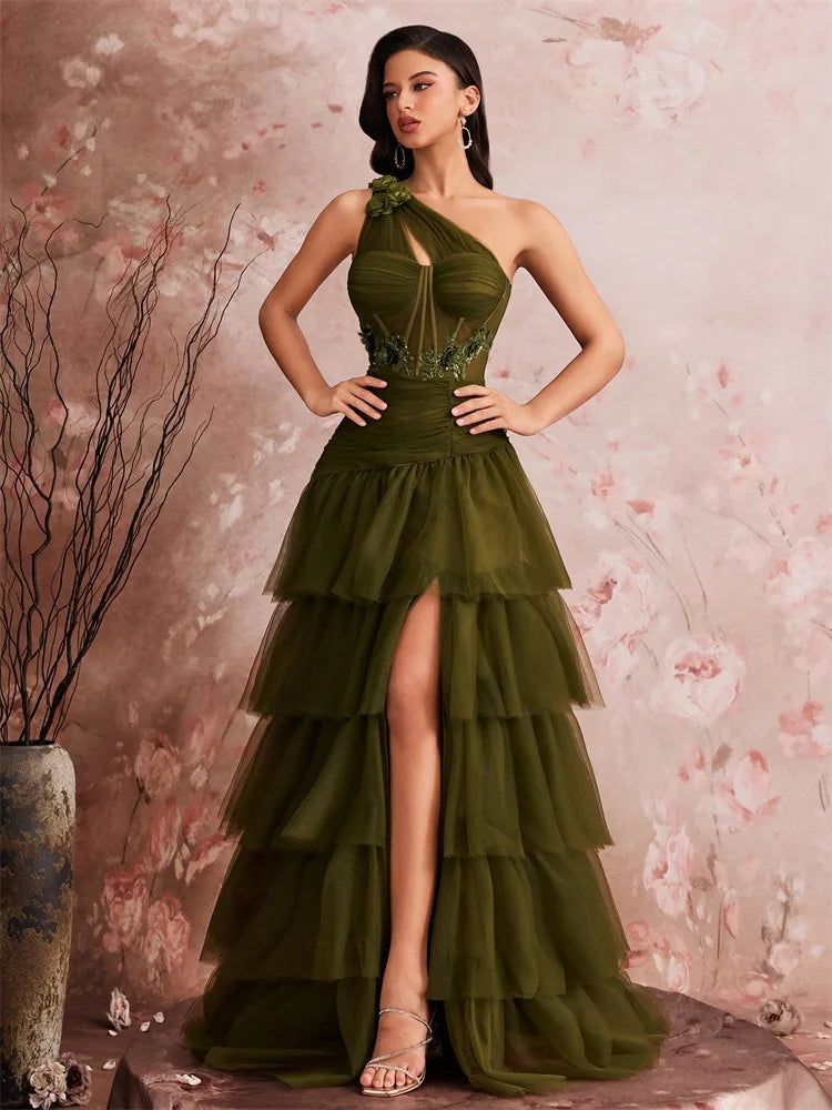 Luxury Skew-shouldered Fishbone Applique Cake Dress Elegant Tulle Slit Formal Evening Dresses Elegant Backless Party Gowns