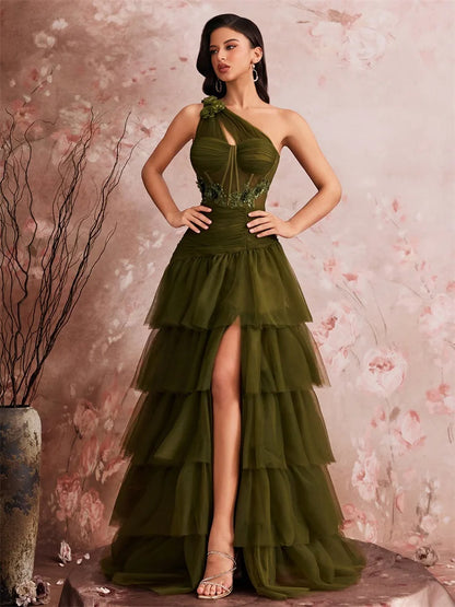 Luxury Skew-shouldered Fishbone Applique Cake Dress Elegant Tulle Slit Formal Evening Dresses Elegant Backless Party Gowns