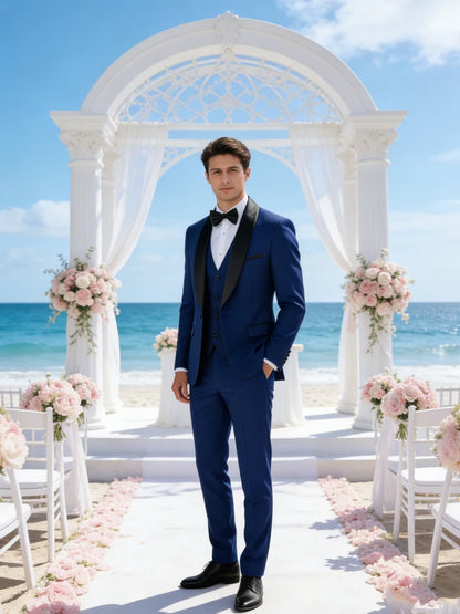 Conjunto Masculino Terno 3 Peças Smoking Um Botão Gola Xale de Cetim Slim Fit Blazer Colete Calças Para Formal Negócios Casamento Noivo