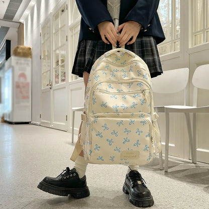 Korean Fashion Bow Print Women's Fashion Backpack Lightweight Simple Student Schoolbag Female Bag Set Three-Piece