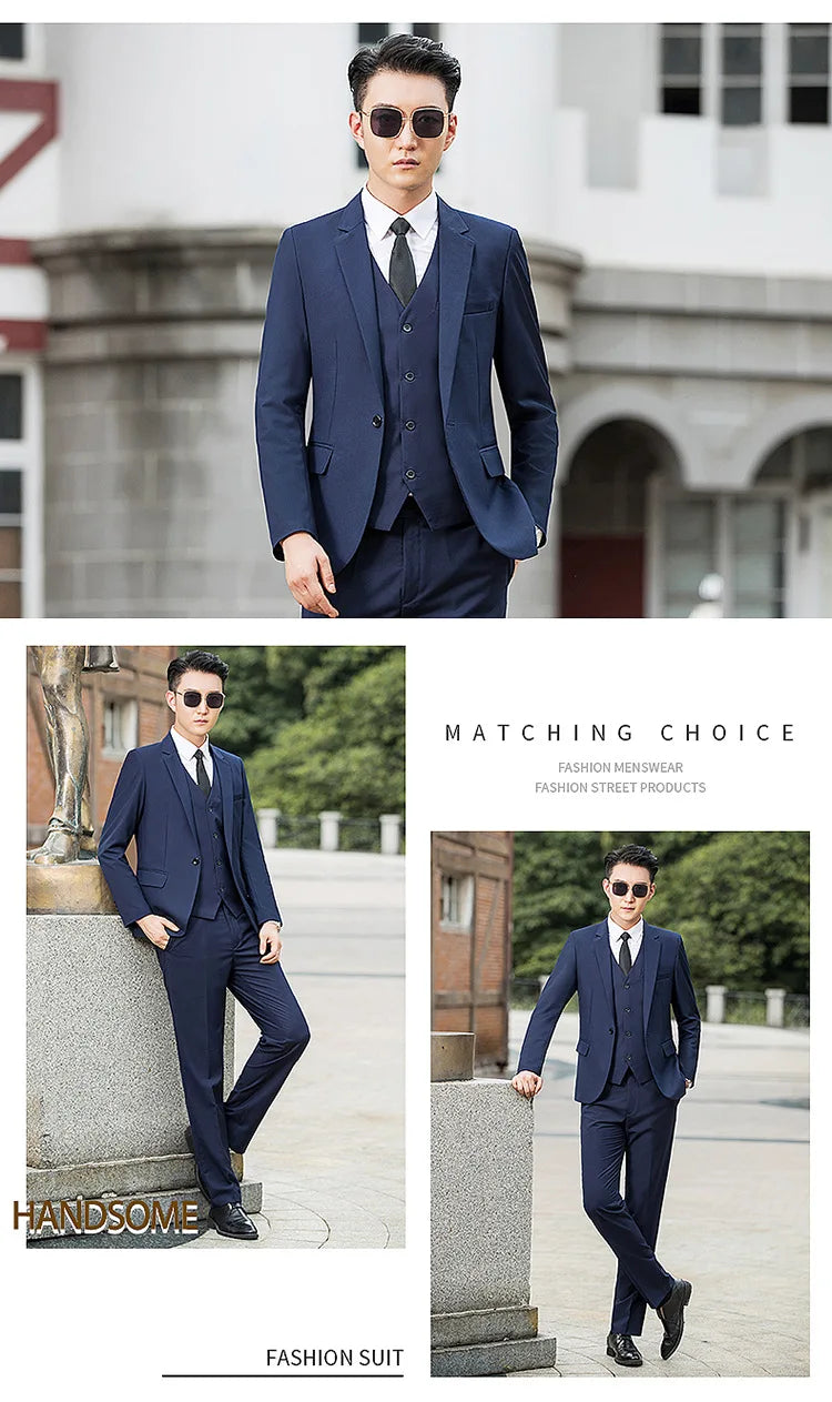 Man Three-piece Sets Fashion Turn Down Collar Coat+Single-breasted Vest+Pant Male Outfit Solid Color Business Wedding Men Suit