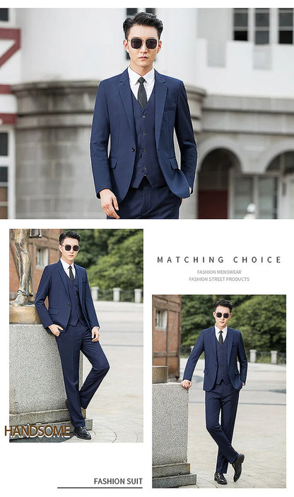 Man Three-piece Sets Fashion Turn Down Collar Coat+Single-breasted Vest+Pant Male Outfit Solid Color Business Wedding Men Suit